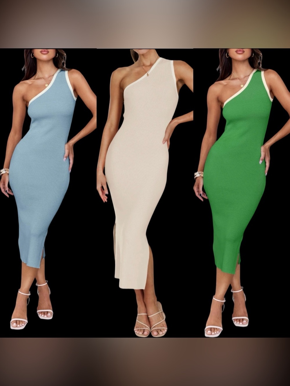 One-Shoulder Ribbed Midi Dress - Blue, Cream, Green